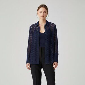 Hilton Hollis Dark Navy Women's Blouse Lace with Collar Size S NWT